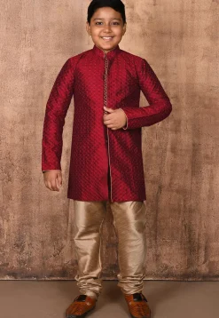Embroidered Art Silk Sherwani Set in Maroon