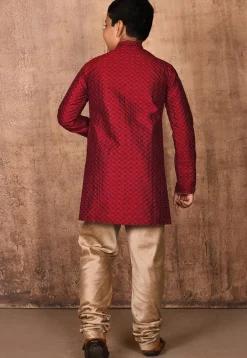 Embroidered Art Silk Sherwani Set in Maroon