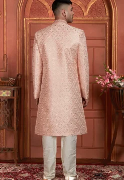 Embroidered Art Silk Sherwani in Peach
