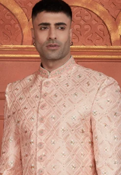 Embroidered Art Silk Sherwani in Peach