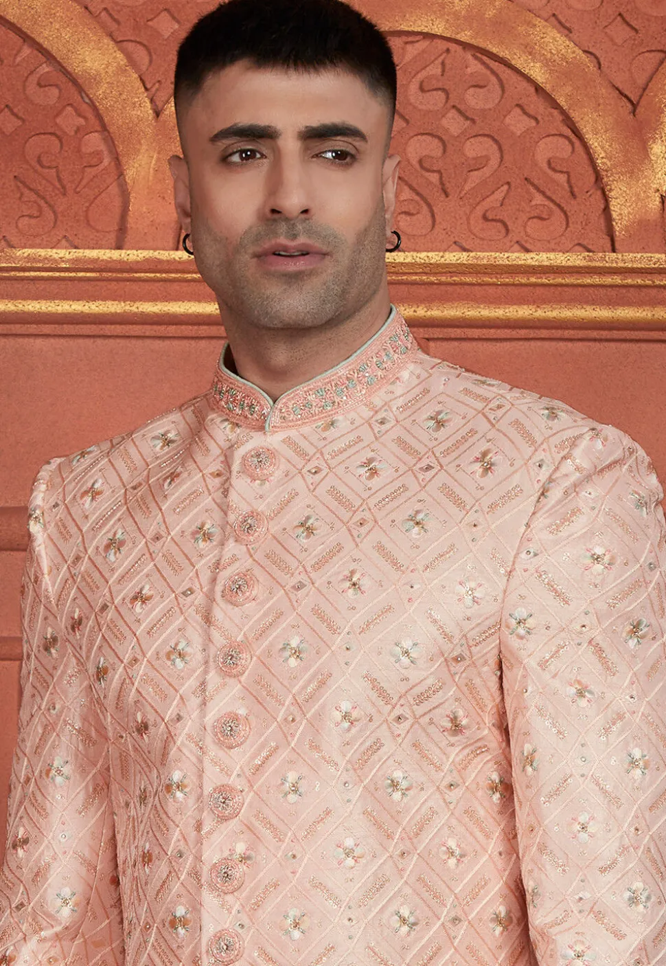 Embroidered Art Silk Sherwani in Peach