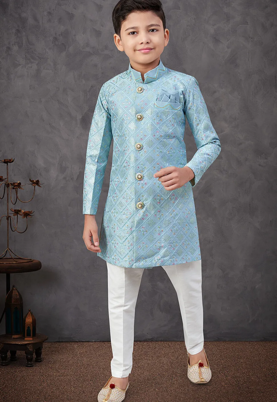 Embroidered Art Silk Sherwani in Sky Blue