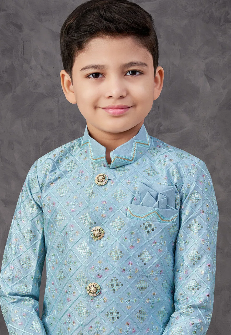 Embroidered Art Silk Sherwani in Sky Blue