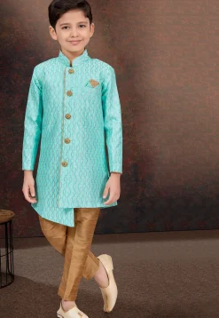 Embroidered Art Silk Sherwani in Teal Green