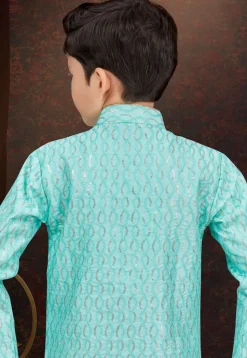 Embroidered Art Silk Sherwani in Teal Green