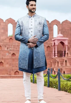 Embroidered Art Silk Sherwani in Blue Ombre