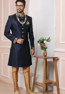 Embroidered Art Silk Sherwani in Navy Blue