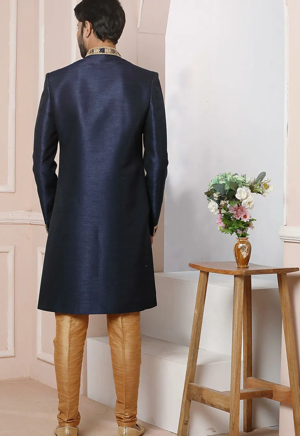 Embroidered Art Silk Sherwani in Navy Blue