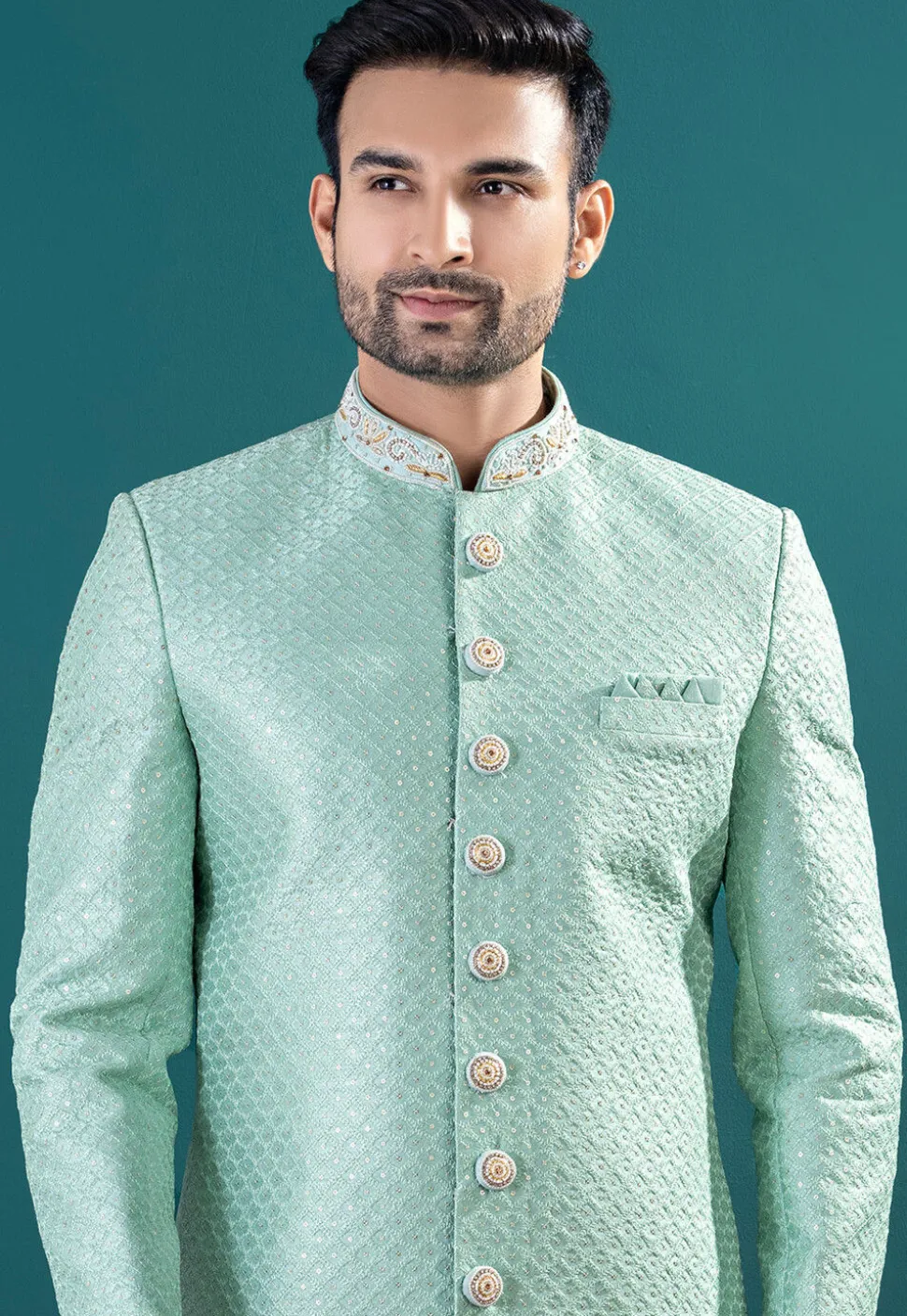 Embroidered Art Silk Sherwani in Sea Green