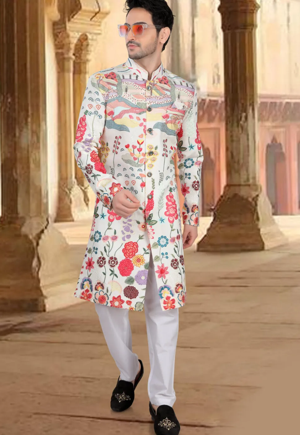 Embroidered Art Silk Sherwani in Off White