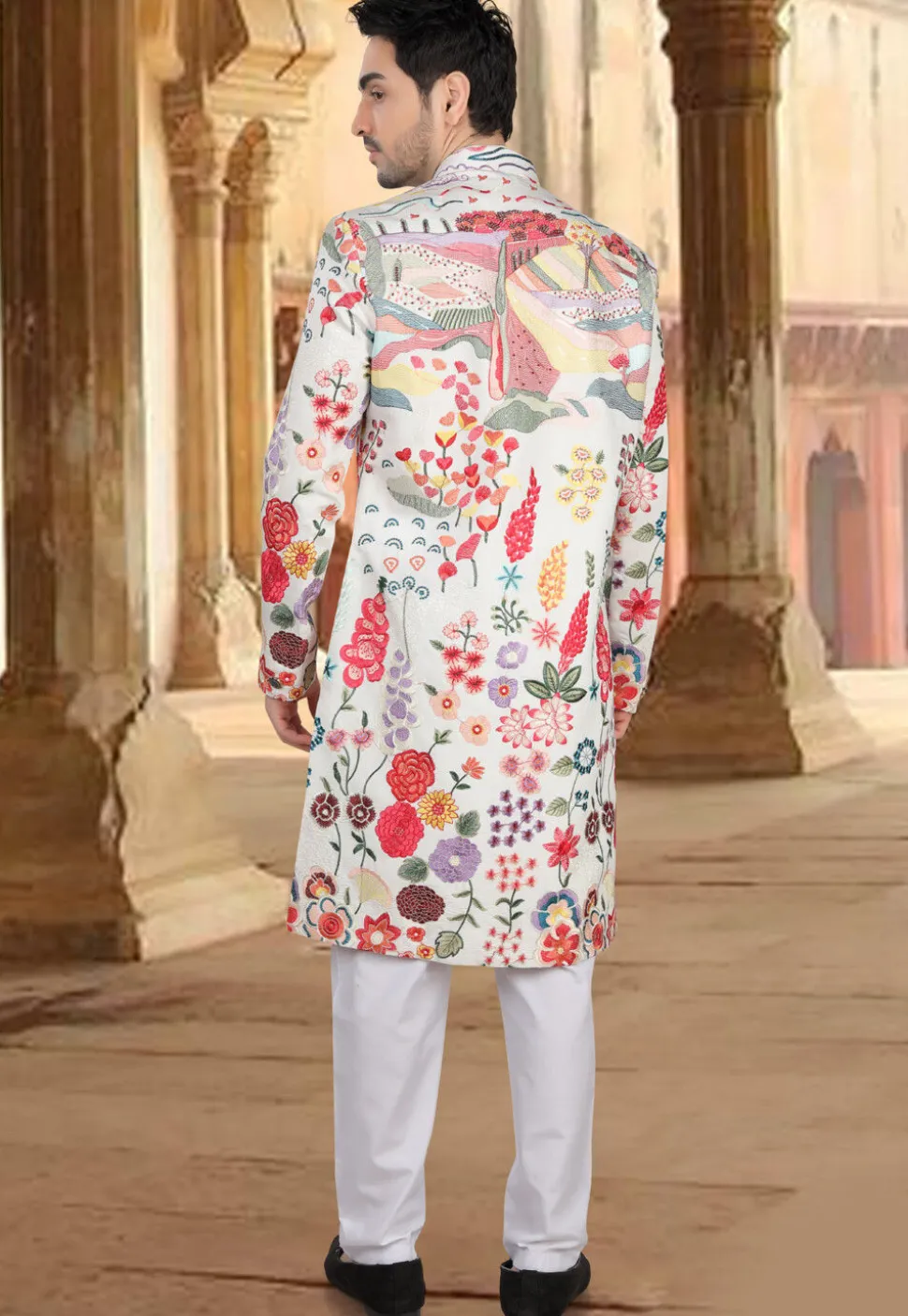 Embroidered Art Silk Sherwani in Off White