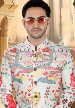 Embroidered Art Silk Sherwani in Off White
