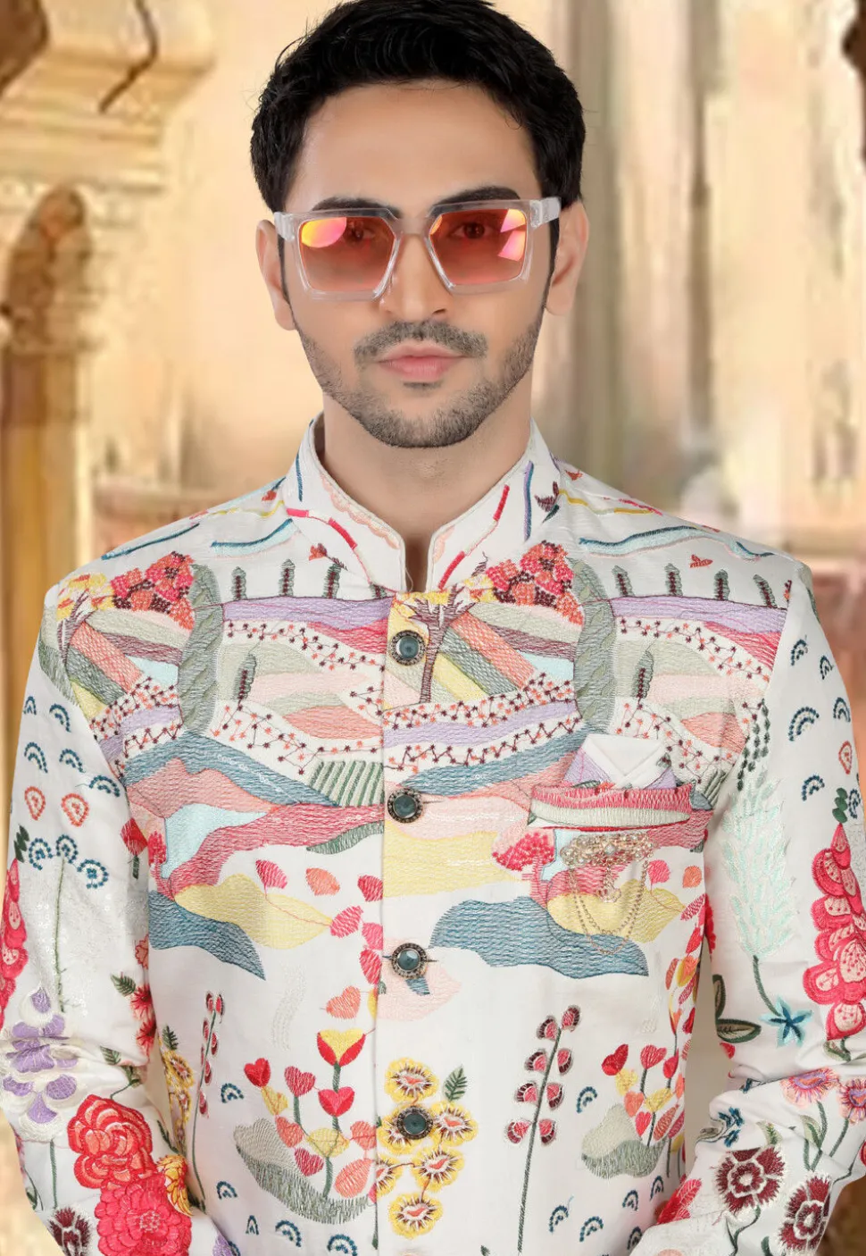 Embroidered Art Silk Sherwani in Off White