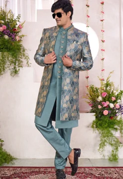 Embroidered Art Silk Sherwani in Dusty Green