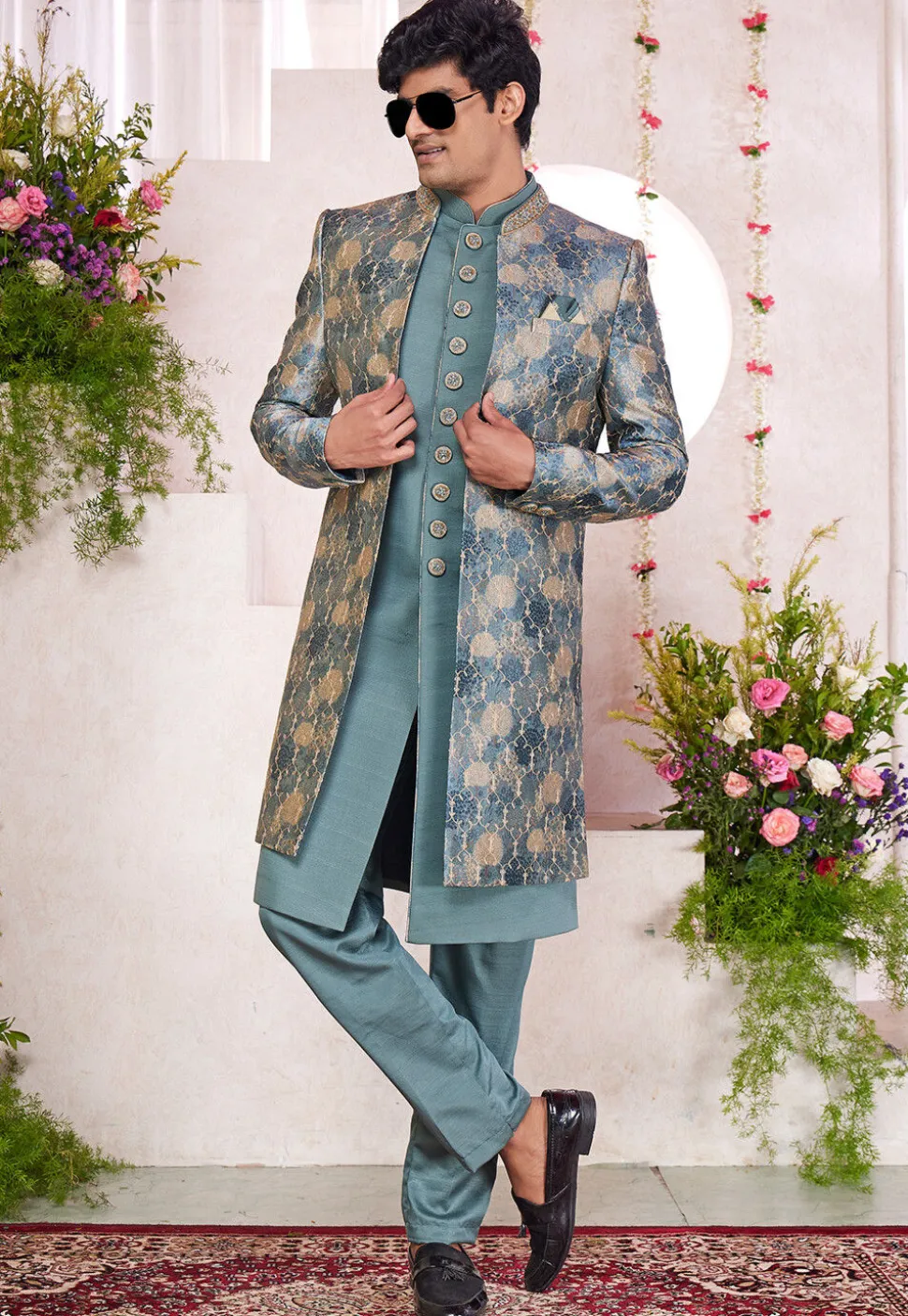 Embroidered Art Silk Sherwani in Dusty Green