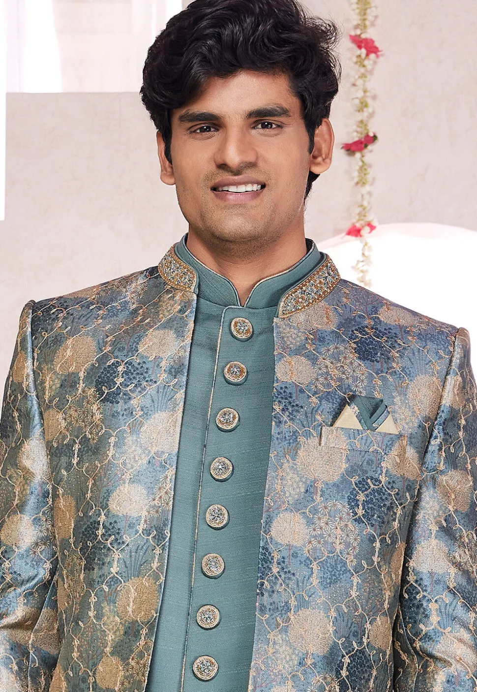 Embroidered Art Silk Sherwani in Dusty Green