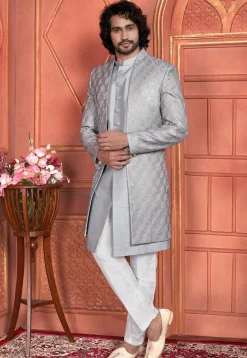 Embroidered Art Silk Sherwani in Grey