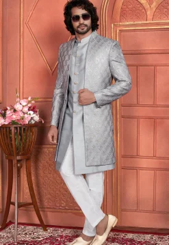 Embroidered Art Silk Sherwani in Grey