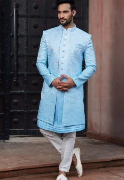 Embroidered Art Silk Sherwani in Sky Blue Ombre