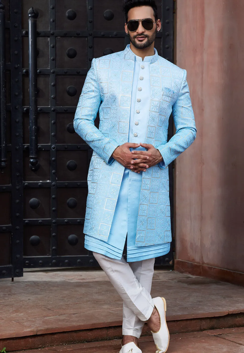 Embroidered Art Silk Sherwani in Sky Blue Ombre