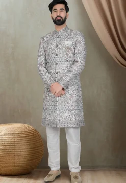 Embroidered Art Silk Sherwani in Off White