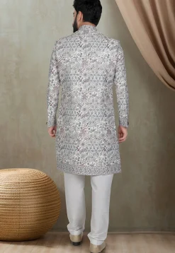Embroidered Art Silk Sherwani in Off White