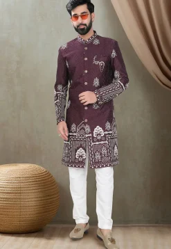 Embroidered Art Silk Sherwani in Purple