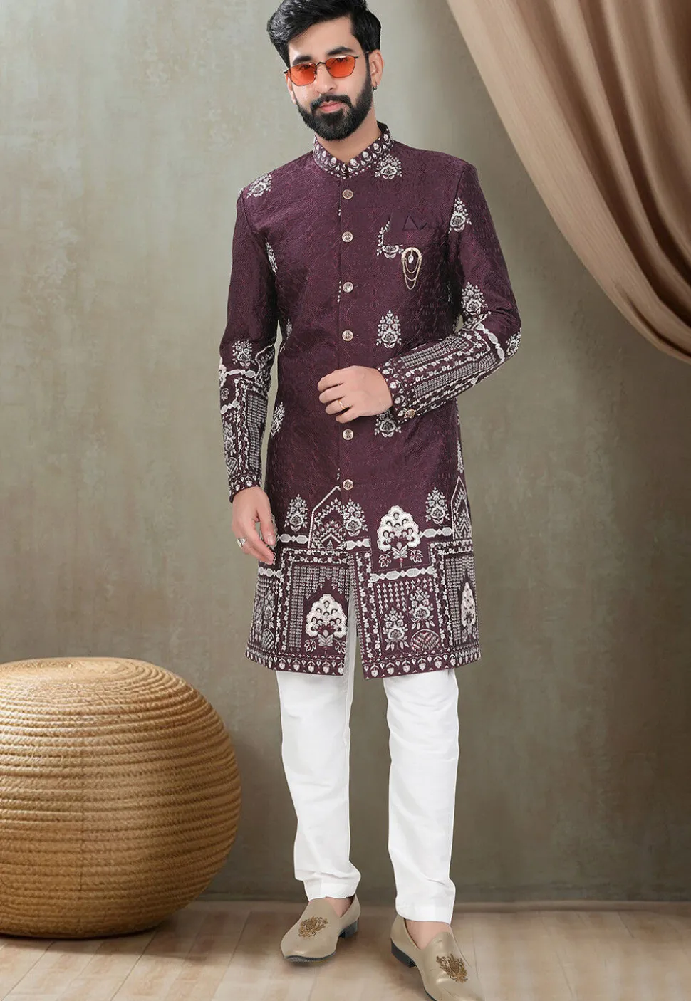 Embroidered Art Silk Sherwani in Purple