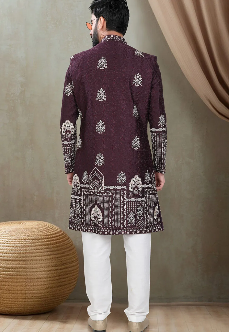 Embroidered Art Silk Sherwani in Purple