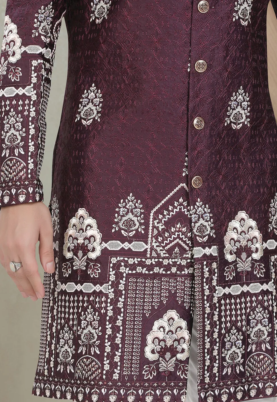 Embroidered Art Silk Sherwani in Purple