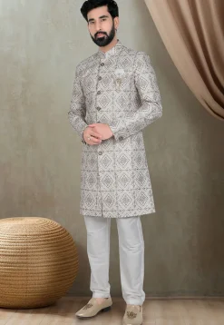 Embroidered Art Silk Sherwani in Cream