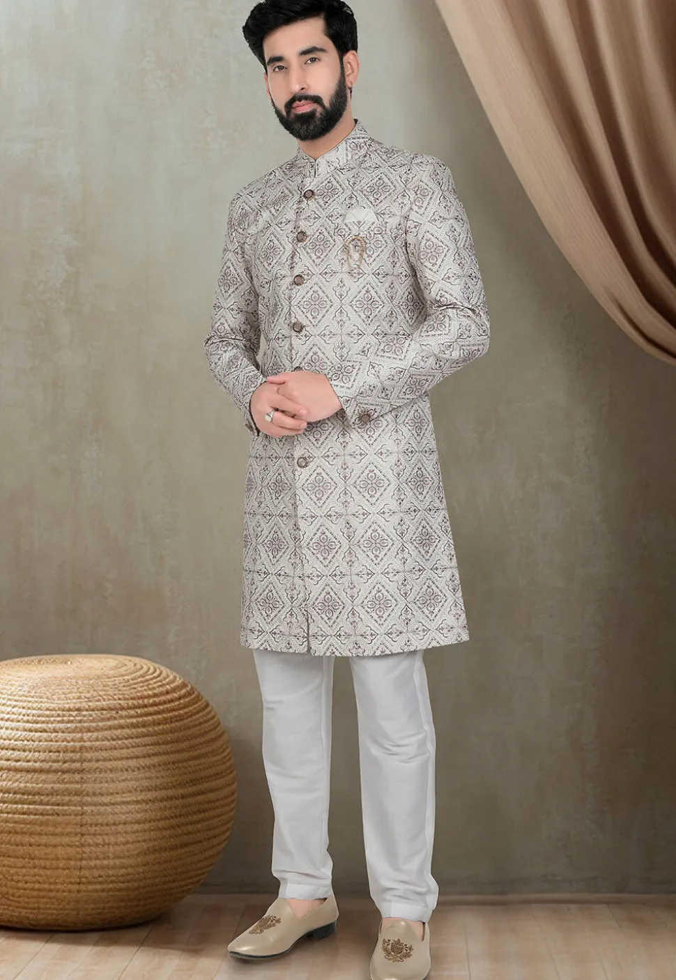 Embroidered Art Silk Sherwani in Cream