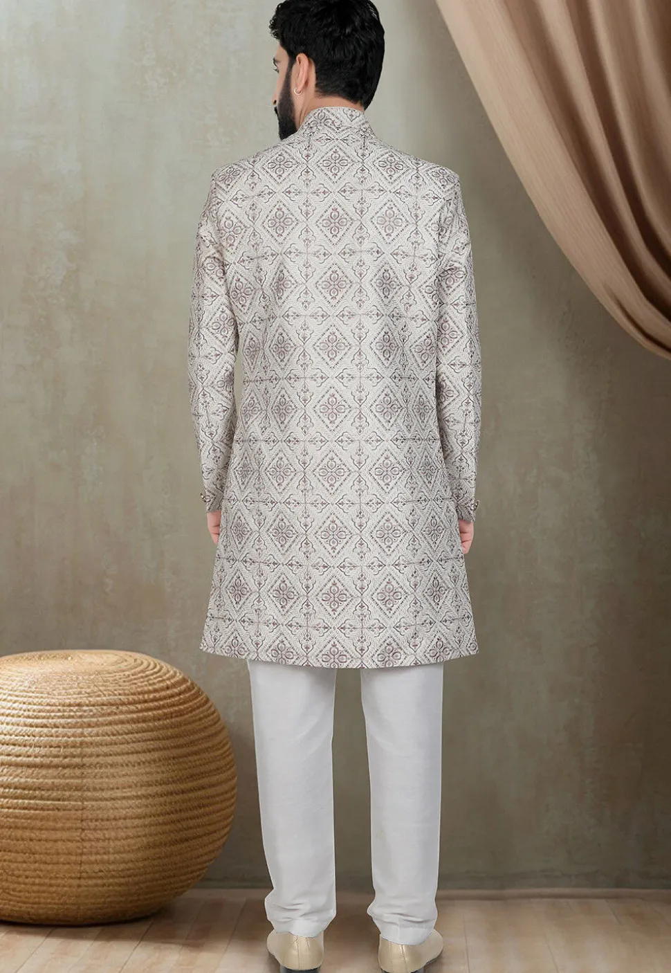 Embroidered Art Silk Sherwani in Cream