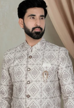 Embroidered Art Silk Sherwani in Cream