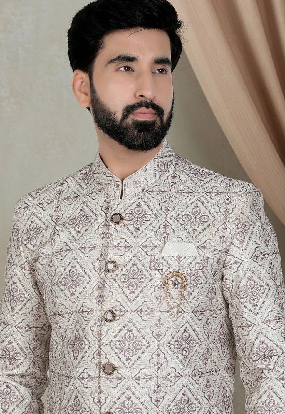 Embroidered Art Silk Sherwani in Cream