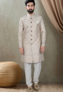Embroidered Art Silk Sherwani in Off White