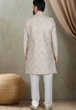 Embroidered Art Silk Sherwani in Off White