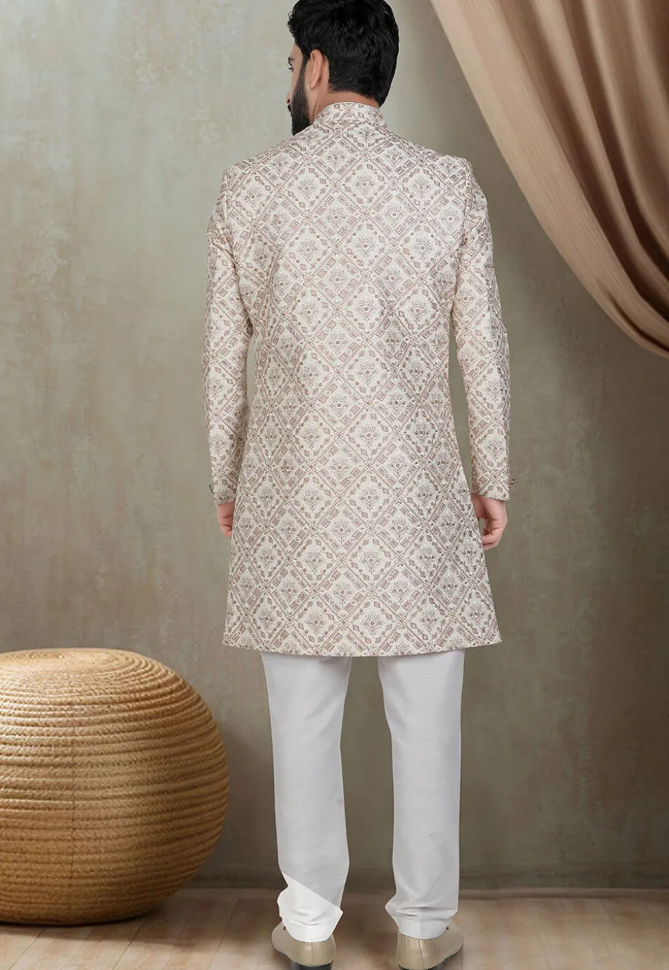 Embroidered Art Silk Sherwani in Off White