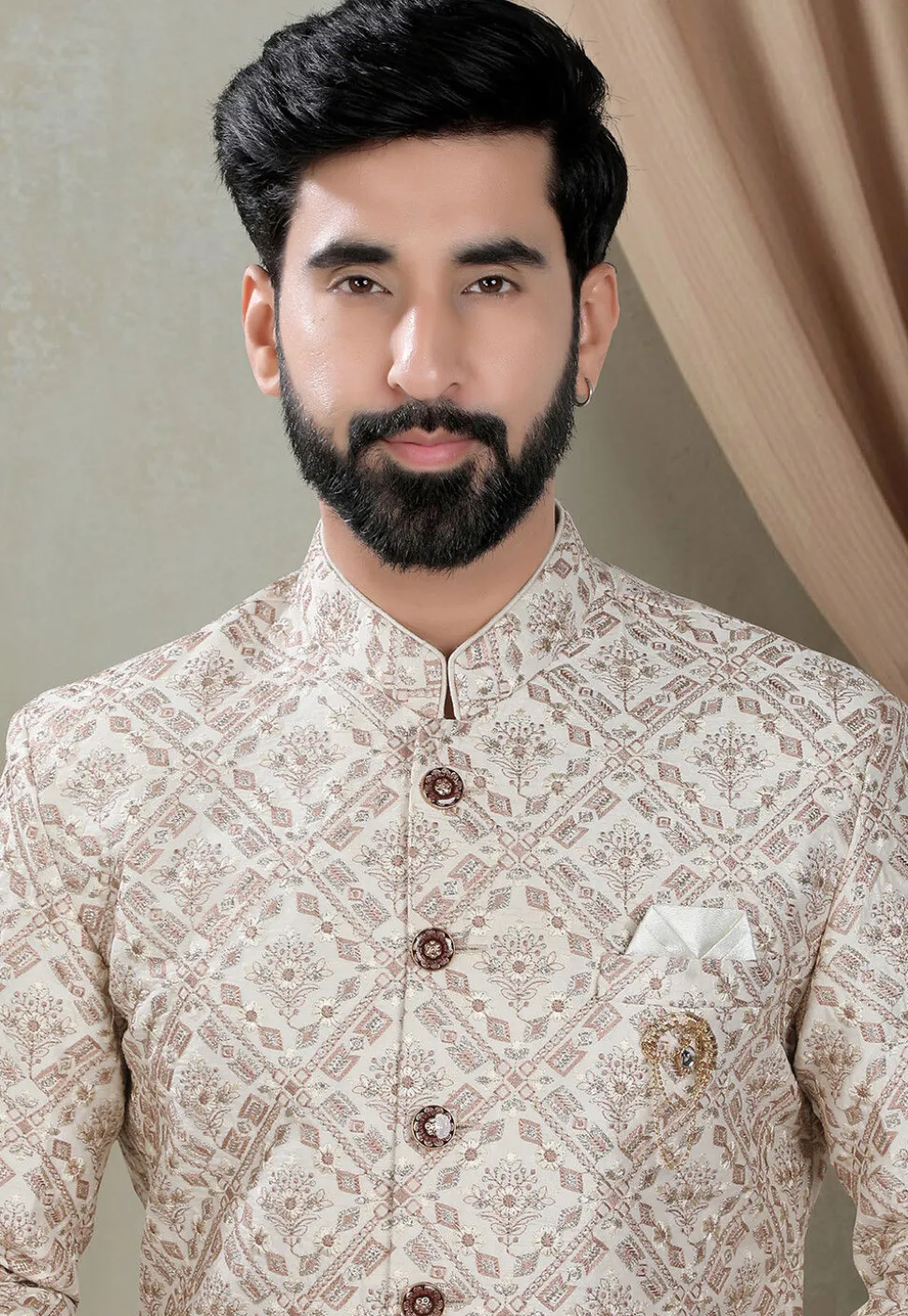 Embroidered Art Silk Sherwani in Off White