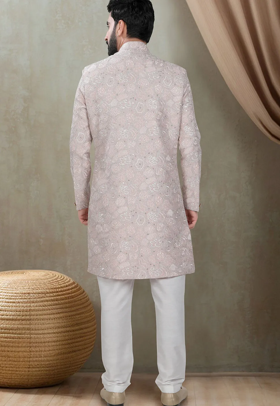 Embroidered Art Silk Sherwani in Pink
