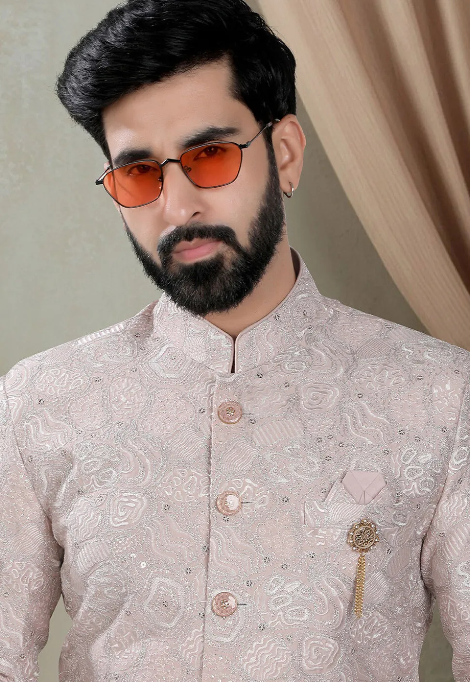 Embroidered Art Silk Sherwani in Pink