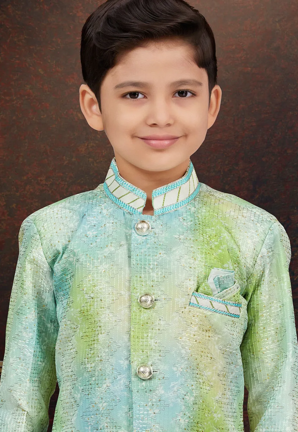 Embroidered Art Silk Sherwani in Green and Blue