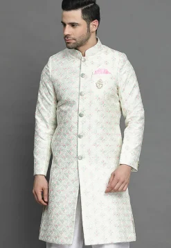 Embroidered Art Silk Sherwani in Off White