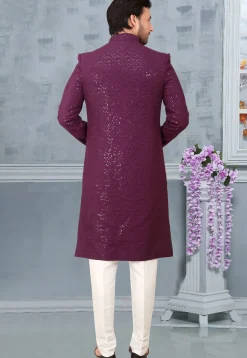 Embroidered Art Silk Sherwani in Purple