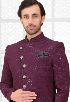 Embroidered Art Silk Sherwani in Purple