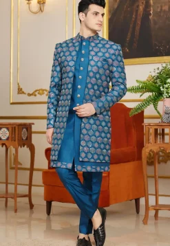 Embroidered Art Silk Sherwani in Teal Blue