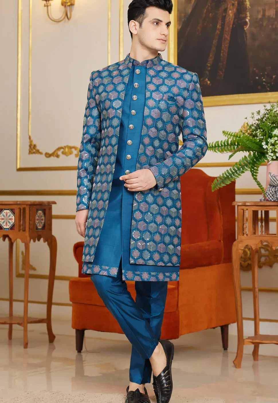 Embroidered Art Silk Sherwani in Teal Blue