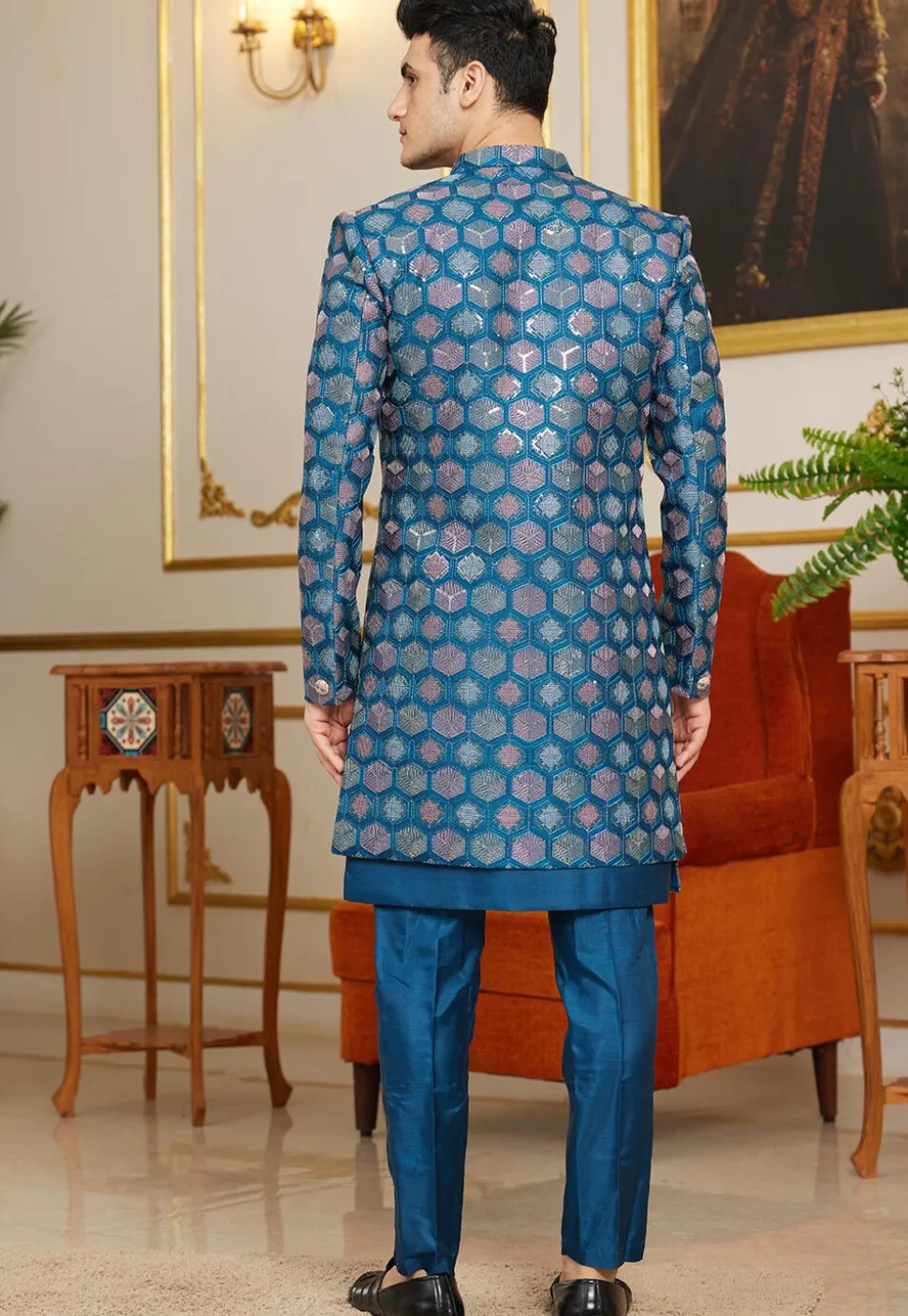 Embroidered Art Silk Sherwani in Teal Blue