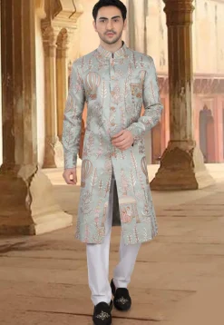 Embroidered Art Silk Sherwani in Dusty Green