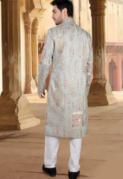Embroidered Art Silk Sherwani in Dusty Green